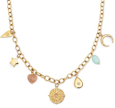 SINGULARU - Collier Multicharms Soleil. Acier avec Finition Plaqué Or 18Kt. Chaîne à Maillons avec Charms Suspendus. Détails en Pierres Naturelles et Zirconiums. Bijoux pour Femme