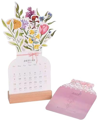 Bloomy Flowers bordskalender, blomkalender, små blomkalendrar, blomkalendrar, dekorativa skrivbordskalenderdekorationer, 2025 månadskalender med benbas