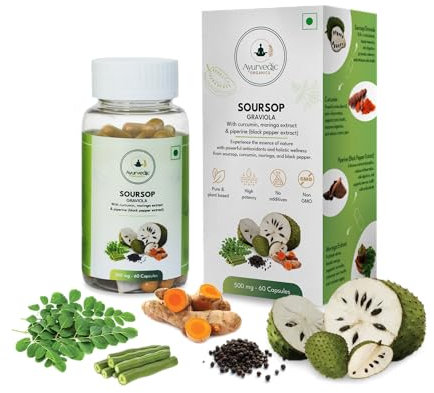 Ayurvedic Organics Soursop 500 mg with Added Curcumin, Moringa & Black Pepper - 60 Veg Capsules- Potent Antioxidant - Lab Tested - High in Vitamic C and Flavonoids