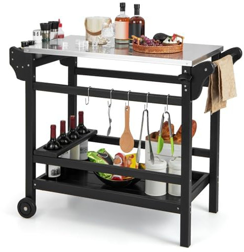 FANTASK Carrello per barbecue in HDPE, tavolo con vassoio per spezie, portabottiglie di vino, manico e 2 ruote, piano di lavoro in acciaio inox, nero