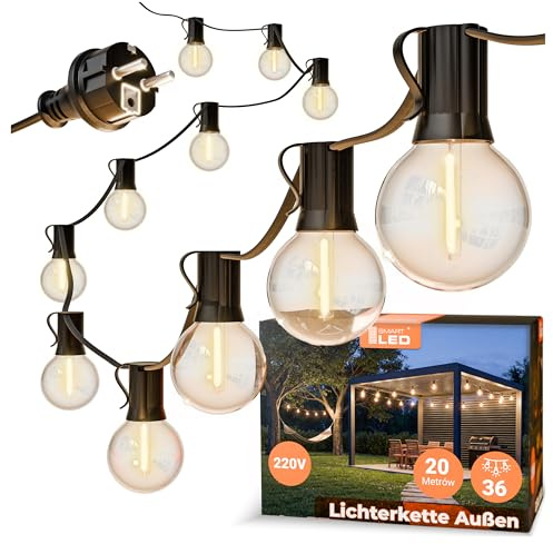 Lichterkette Außen Outdoor LED Strom,20M Außenbeleuchtung E27 mit Stecker, 36 Glühbirnen, IP65 Wasserdicht Wetterfest Lichterkette Glühbirnen für Garten Terrasse Party Weihnachten, Warmweiß
