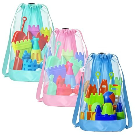 Yamobi 3 Stück Strandspielzeug-Netztaschen für Kinder,Strandspielzeug Tasche Rücksack Beutel für Strand, Strandspielzeug Jungen und Mädchen