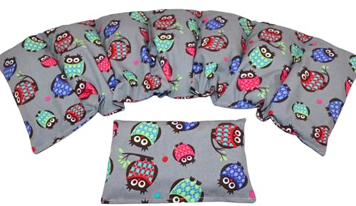 BUNTE MISCHUNG Kirschkernkissen 2 er Set Langes 67 x 18 cm 7 Kammer + kleines Körnerkissen Wärmekissen XXL Schulterkissen Nackenkissen Mikrowelle + Backofen (Grau Eulen, Raps)