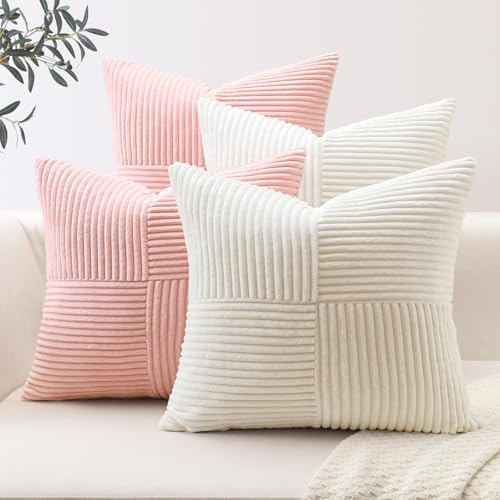Sungeek 4er Set Cord Kissenbezüge, Kreuz Streifen Muster Kordsamt Kissenbezug Sofakissen Dekokissen Patchwork Design Deko Zierkissenbezüge Kissenhülle für Wohnzimmer (60x60cm, Rosa Creme Weiß)