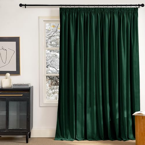 PONY DANCE Samt Vorhänge Dunkelgrün (300g/m²) Wohnzimmer Gardinen mit Kräuselband 1er Set H 240 x B 300 cm Thermogardine Kälteschutz Samtvorhang für Schienensystem Velvet Blackout Curtains