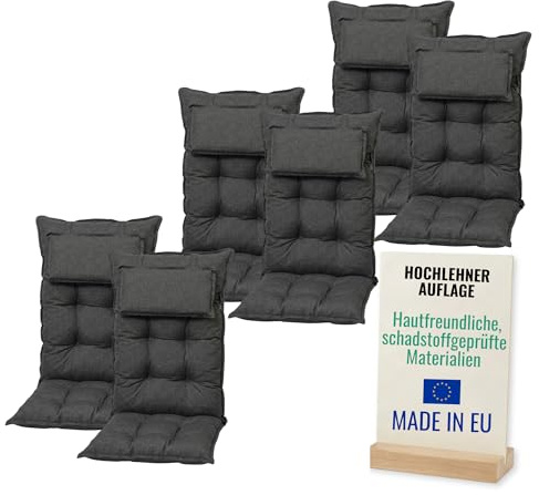 Pillows24 6X Hochlehner Auflagen mit Beckkissen 120x50x6 cm, UV-fest | mit Befestigungsbändern, bequem gepolstert, Sitzpolster für Gartenmöbel & Klappsessel, Sitzauflagen Hochlehner, Grau