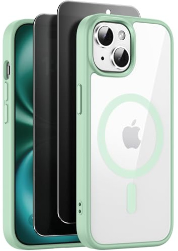 Cover Magnetica per iPhone 15 con 2 Pezzi Privacy Pellicola Protettiva [Compatibile con MagSafe] [Protezione Militare Antishock] Custodia Sottile Anticaduta Trasparente Anti-Giallo, Verde