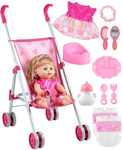 GAGAKU Puppenwagen Set mit 30cm Puppe & Zubehör, Spielzeug-Buggy faltbar für Mädchen ab 1 2 3 4 5 6 Jahre, Baby Puppenwagen mit Accessoires für Kinder - Tulpenmuster