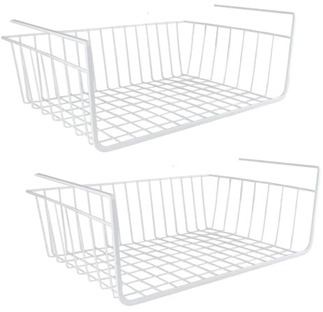 LIVHOME 2pc Under Shelf Storage Basket, Hanging Storage Baskets, Pantry Closet Organizer, Bathroom Shelf Basket, Under Desk Storage, Cabinet Cupboard Organizer for Home (White)