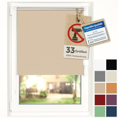 Blumtal Verdunkelungsrollo ohne Bohren 85x130cm - Thermorollo/Verdunklungsrollo 100% Verdunkelung - Klemmrollos für Fenster ohne Bohren - 4-lagiges Rollo UV-beständig - Blackout Blinds Taupe