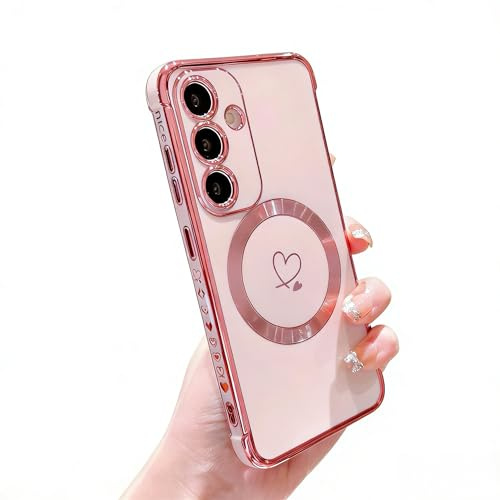 Cute Love Heart Magnetic Case for Samsung Galaxy S25 FE 5G Glossy Gold Plated Skin-friendly Design for Women Bling Shiny Shockproof Soft TPU Bumper Skin Case for Samsung Galaxy S25 FE 5G Pink
