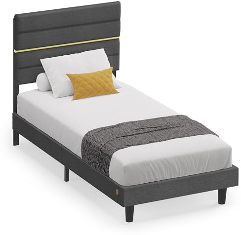 VASAGLE Polsterbett, Einzelbettgestell, 90 x 200 cm, Massivholz | Bettgestell, verstellbares gepolstertes Kopfteil, Metall, modern, schiefergrau, KACY Kollektion RMB502GN01