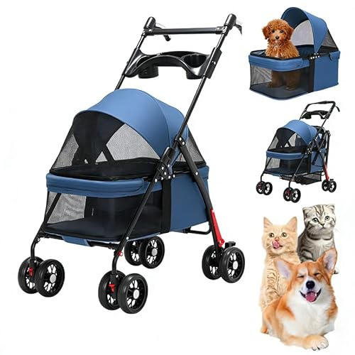 Small Dog Stroller Lightweight Pet Travel Stroller Foldable 4-Wheel Pushchair for Cats & Small Dogs, Includes Cup Holder, Comfortable Trolley for Puppies, Ideal Dog Strollers, Blue
