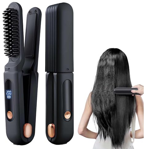 Glätteisen Locken und Glätten, 3-in-1 Thermal Brush mit LED 3 Wärmestufen, Portable Straightener Brush Lonischer Verbrühungsschutz Glätteisen 2 in 1 Haarglätter Bürste für Haar und Bart (Schwarz)