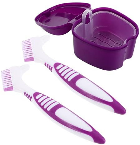 ZUNOXAZ Spazzole per Protesi con Custodia Doppia Faccia Contenitore per Pulizia delle Protesi Organizer Portatile per Dentiere Supporto per Conservazione per Viaggi Campeggio e Uso