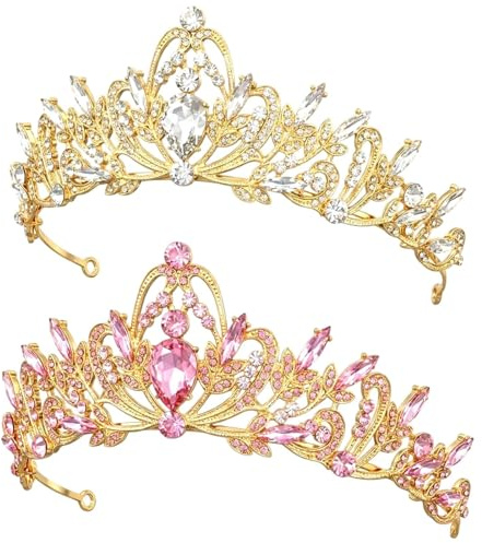 Goldene Tiara Diadem Krone, Elegantes Gold Schmuckstück für Hochzeiten und Prinzessinnenfeiern, Goldfarbene Elfen Krone mit Zwei Kronen und Zwei Diamant Designs für Geburtstagsfeiern und Kostümpartys