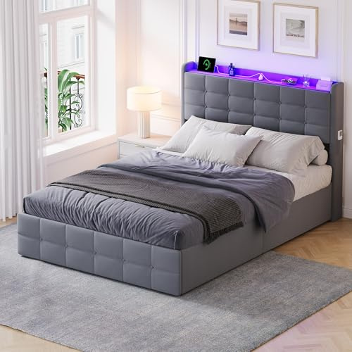 Besbed Double Bed Frame with Storage, 4ft6 Storage Bed with 4 Drawers and Side Pocket, Upholstered Bed with USB and Type-C, Wooden Slats, Metal, Grey, 135x190 cm (No Mattress) (Grey, 135 x 190 cm)