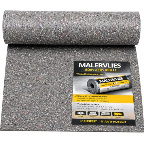 50 m Malervlies - Abdeckvlies - extra Stark - mit Anti Rutsch Behaftung - Universal Vlies für Renovierung & Bodenschutz (1)