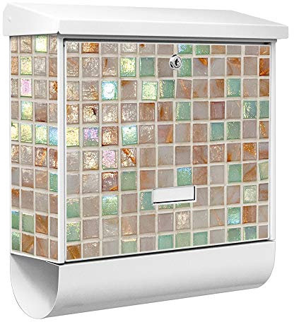 banjado® Burgwächter Briefkasten Weiß 38x39x12cm mit Motiv Grüne Fliesen/Briefkasten mit Zeitungsfach/Briefkasten mit Zeitungsrolle/Postkasten inkl. Montagematerial & 2 Schlüsseln