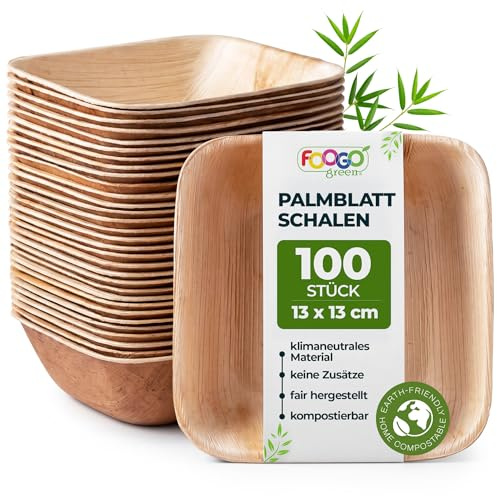 FOOGO Green 100 Cuencos Hoja de Palma Cuadrados 13cm 550ml Desechables | Biodegradables, Compostables, Para postres y ensaladas, Como cuencos de madera, bambú y papel, Para fiestas y bodas, Snacks