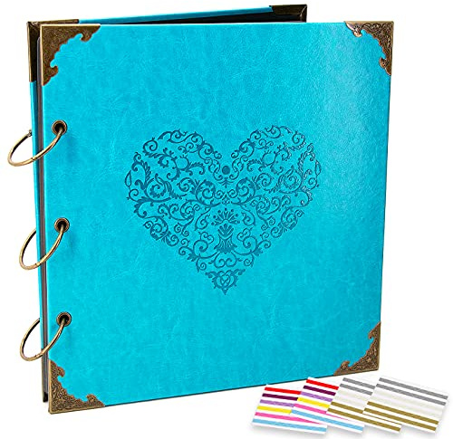 ADVcer Photo Album DIY Scrapbook, 10x10 inch 50 Pages Vintage Leather Cover Three-Ring Binder Picture Booth Albums + 9 Colors 408pcs Self Adhesive Photos Corners for Personalized Memory Keep (Cyan)