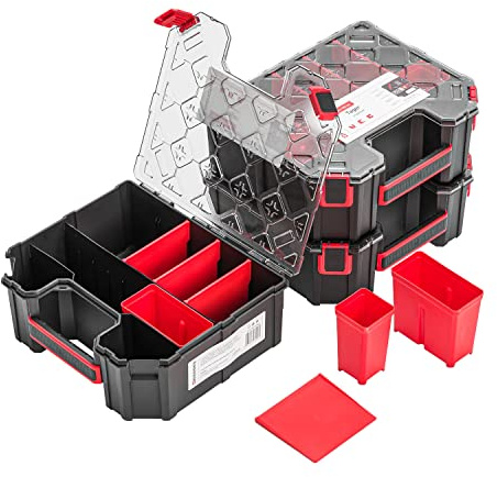 3x Modulierter Sortimentskasten Kleinteilemagazin – 243 x 284 x 105 mm - Sortierkasten mit Transparent Deckel Sortierkoffer Werkzeugbox Sortimentskoffer Kasten mit herausnehmbaren Fächern