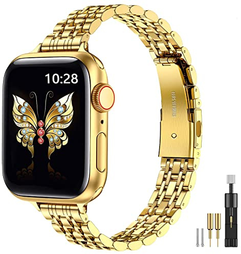 MioHHR Slim Straps Compatible with Apple Watch Strap 38mm 40mm 41mm 42mm(Series 11/10),Thin Stainless Steel Metal Chain Band for Women iWatch Straps Series 9 8 7 6 5 4 3 2 1 SE,Gold