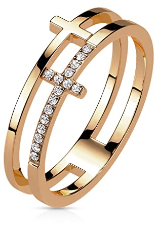 Paula & Fritz® Ring Damen Doppel-Ring Kreuz Rosegold Zirkonia Klar 316L Chirurgenstahl Größe 59 (18,8) 8-mm Breit Herrenring Partnerring Religion