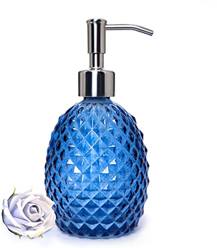 Glass Soap Dispenser with Stainless Steel Pump, 12oz Clear Dish Soap/Hand Soap/Laundry Soap/Lotion Dispenser, Refillable Liquid Dispenser for Bathroom Kitchen Shower (Blue)