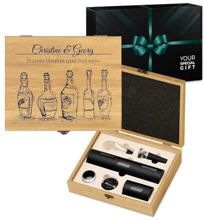 Maverton 6er Weinset in Geschenkbox mit Aufdruck - Flaschenöffner Set - elektrischer Weinöffner - Weinzubehör für Paare - Wein Dekantierset zur Hochzeit zum Hochzeitstag - Flaschen