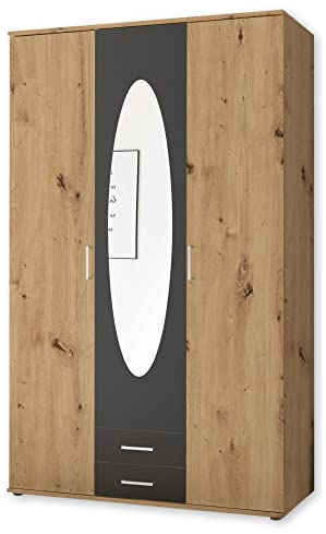 Stella Trading Kleiderschrank mit Spiegeltür in Artisan Eiche Optik, Graphit - Vielseitiger Drehtürenschrank 3-türig für Ihr Schlafzimmer - 120 x 195 x 55 cm (B/H/T)