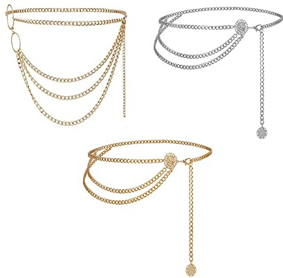YUEMING 3 Pezzi Cinture a Catena per Donna, Metallo Cintura Donna Multistrato, Cintura a Catena da Donna Regolabile Oro Argento per Vestito e jeans