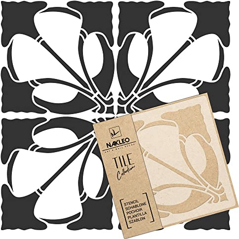 NAKLEO Fliesen Schablone zum Malen 20x20 cm, Art Nouveau Deco Blume Geometrisch, Kunststoff Wiederverwendbare Bodenschablone DIY, Holz Möbel Wand Dekoration