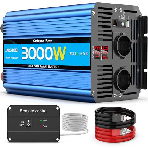 Wechselrichter 12V auf 230V 3000W/6000W Reiner Sinus Spannungswandler mit Fernbedienung,LED-Anzeige,EU AC Steckdosen,USB-Anschluss,Pure Sine Wave Inverter für Auto,Wohnwagen,Boot,Camping,Stromausfall