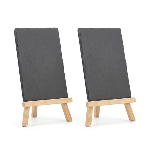 MIJOMA Tafelset 2-teilig 10x15 cm – mit Holzständer zum Beschriften – aus Schiefer und Kiefer – für Hochzeit, Buffet und Eventdeko