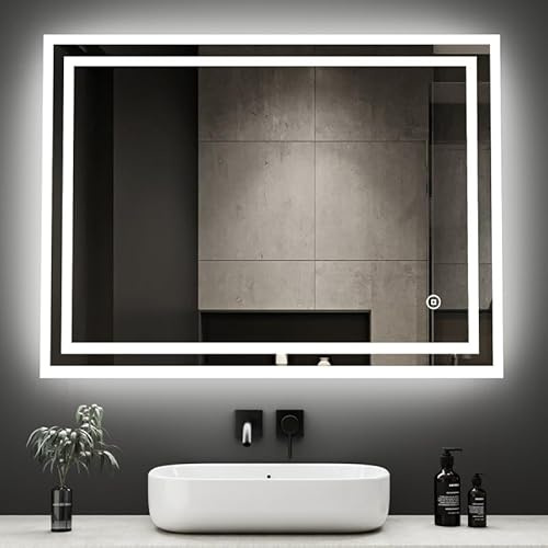 Borama LED Badspiegel 80x60cm mit Touchschalter, 3 Lichtfarben dimmbar, beleuchteter Wandspiegel
