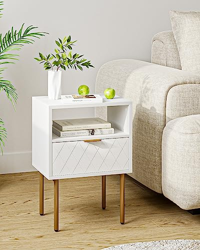 Gall&Zick Nachttisch, Beistelltisch mit Schublade, Nachtschrank mit 1 offenen Ablagen und 1 Schublade, Modernes Nachtkästchen, Boho Nachtkommode für Schlafzimmer, Wohnzimmer, Weiß und Gold
