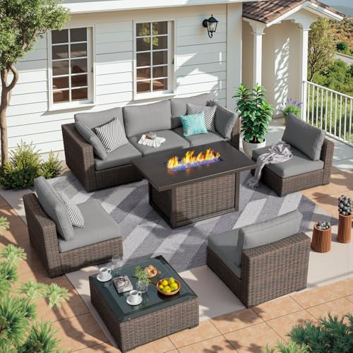 TANGJEAMER Patio Furniture Set 8 Pieces with 44 Fire Pit Table, Rattan Outdoor Sectional Conversation Sets, All Weather Outdoor Furniture Set with Cushions for Garden Lawn Balcony Porch Deck Grey