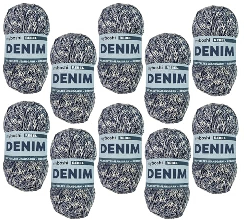 myboshi Denim, veganes Jeansgarn, recycelte Baumwolle zum Häkeln und Stricken, 50% recyceltes Denim, 50% Baumwolle (Bio), 50g, Ll 135m Dunkelblau (Rebel), 10 Knäuel