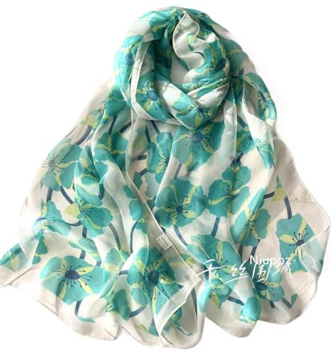 MIATCENRT Langer Weicher Damenschal - Klassischer Stil Hübscher Chiffon-Seidenschal Mit Blumendruck, Halstuch, Georgette-Bandana-Schal, Stola, Wickeltuch, Damenbekleidungszubehör,Weiß,50 * 160Cm