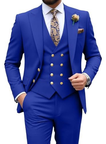 Herrenanzug, schmale Passform, 3-teilig, zweireihig, für Abschlussball, Smoking, formelle Freizeitjacke, Blazer, Weste, Hose, Hochzeitsanzug für Männer, Königsblau, XX-Large