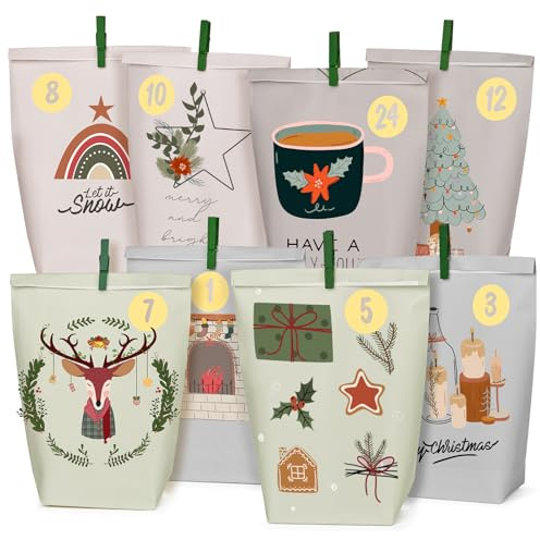 Adventskalender zum Befüllen, 24 Weihnachtskalender Papiertüten,Scandinavian style - Weihnachtskalender zum Selber Befüllen für Kinder Junge und Männer, Wiederverwendbar