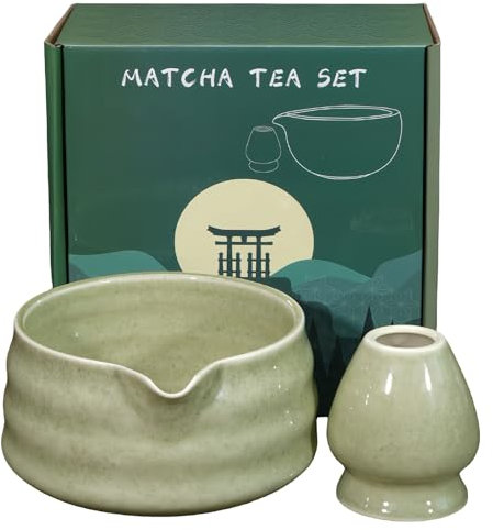 PRITOK Cuenco de matcha de 2 piezas: 18 OZ Matcha Chawan Hecho a mano para la ceremonia de matcha, cuenco de cerámica matcha con boquilla, verde