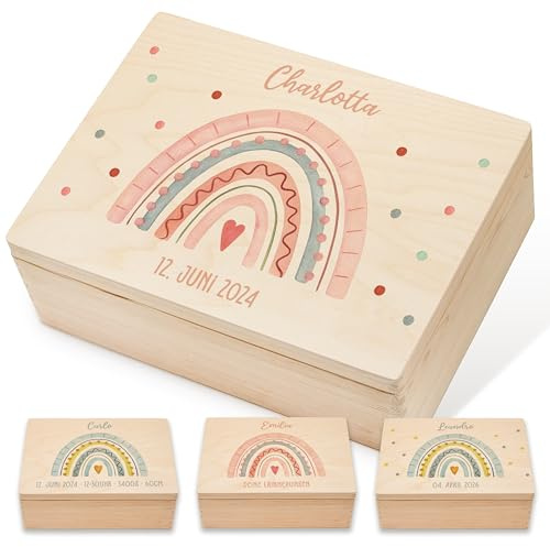 Lilletå ® Erinnerungsbox Regenbogen (001.07) - Erinnerungskiste Baby mit Hochwertigem Farbdruck - Baby Kind Erinnerungsbox Holz - Geschenk Geburt Mädchen Junge