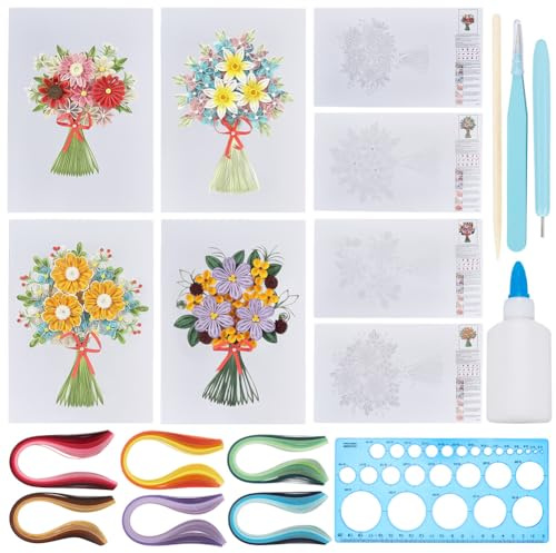 WEBEEDY 4 Stile DIY Blumen Papier Quilling Set Für Erwachsene Anfänger Papier Quilling Bastelset Mit Papier Quilling Streifen Werkzeugen Und Anleitung Handgemachte Wanddekoration(A4 21x29.7cm)