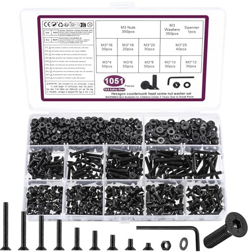 1051 Pcs M3 Screws Set, M3 Bolts and Nuts Set, Countersunk Nuts and Bolts, Flat Head Machine Screws and Washers, Hex Socket Head Cap Screw Assortment with Wrench