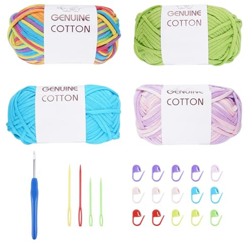 FOGAWA 4 Pack Cotton Crochet Yarn for Beginners Knitting and Crochet Yarn for Baskets Rugs (Autumn Green, Pink Purple, Sea Blue, Rainbow)