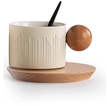 Ceramic Espresso Cups with Wooden Handle,180ml Coffee Mug with Saucer Set,Small Vertical Stripes Tea Cups Porcelain Espresso Cups, Yellow