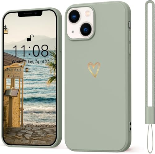 Mitetabo für iPhone 15 Hülle Silikon mit Gold Liebesherz, Mädchen Handyhülle iPhone 15 Case Weich Slim Stoßfest Kratzfeste Süßes Gold Love Schutzhülle für iPhone 15 6.1 Kupfergrün