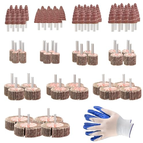 64-Pack 1/4 Abrasive Flap Wheel Set - 40/60/80/120 Grit Aluminum Oxide Cylinder/Cone Wheels for Rust/Polish - Fit Die Grinder, Drill, Sander Tools - Includes Gloves
